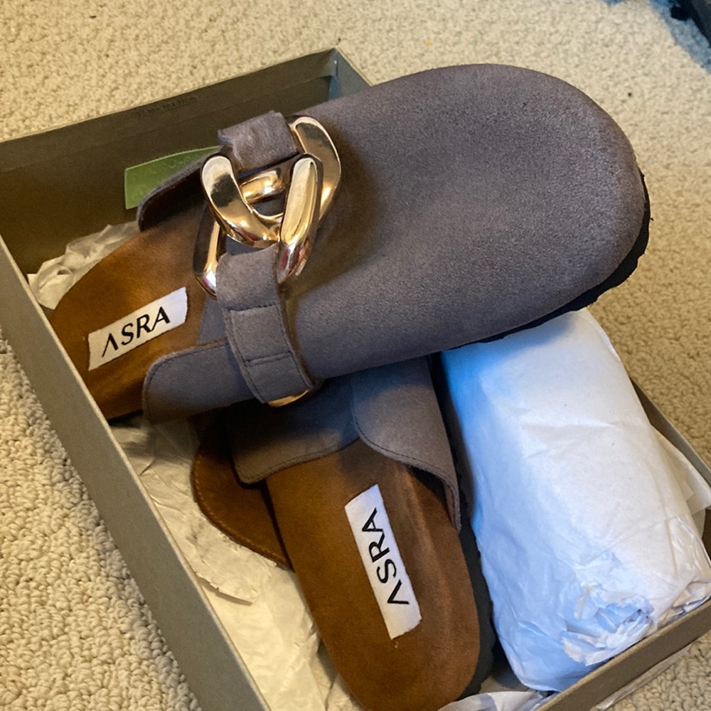 Asra fiscal clogs in mauve suede with chain detail